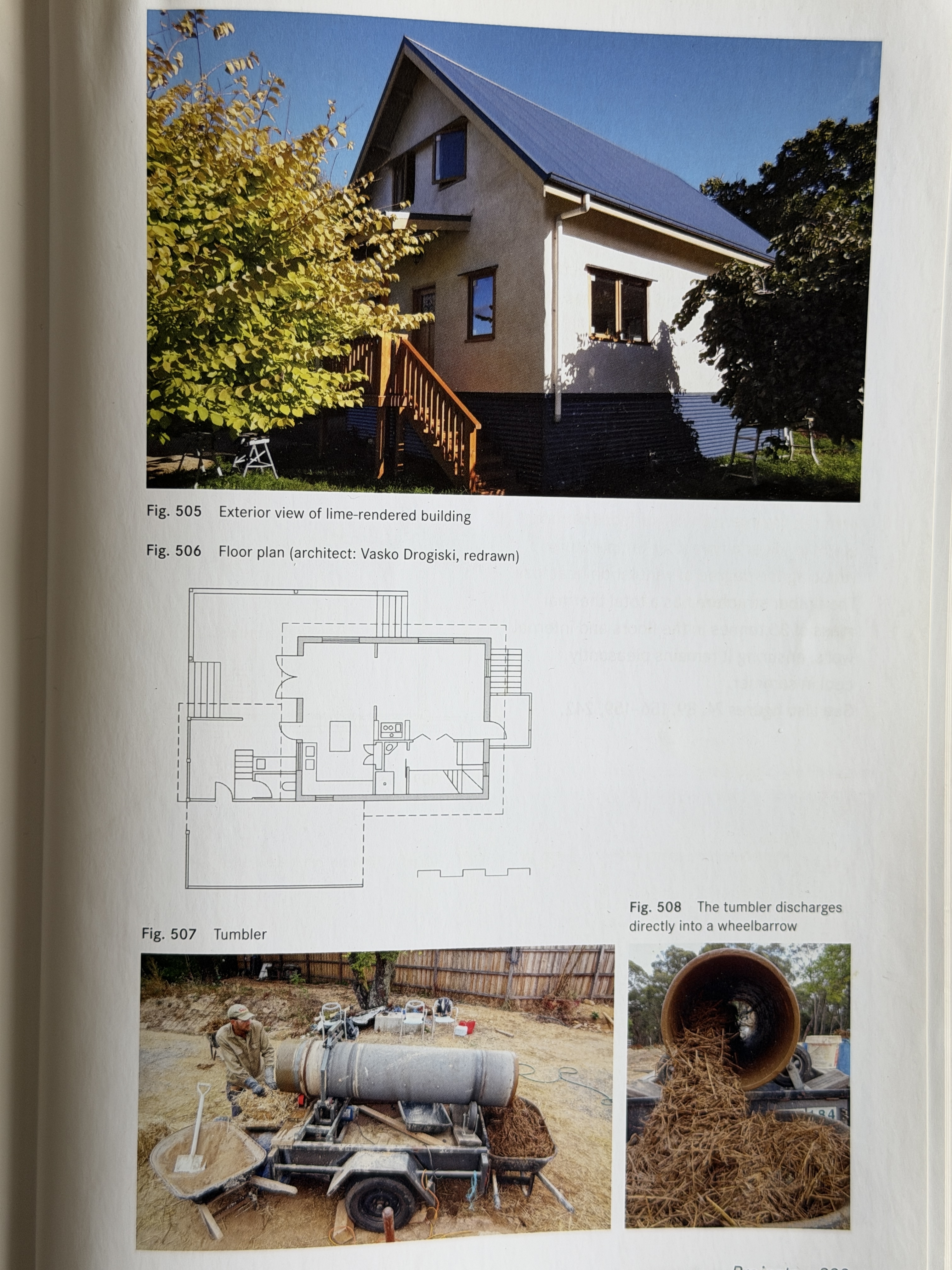 Page 289 of Light Earth Building, showing the completed Daylesford house, floor plan and construction photographs