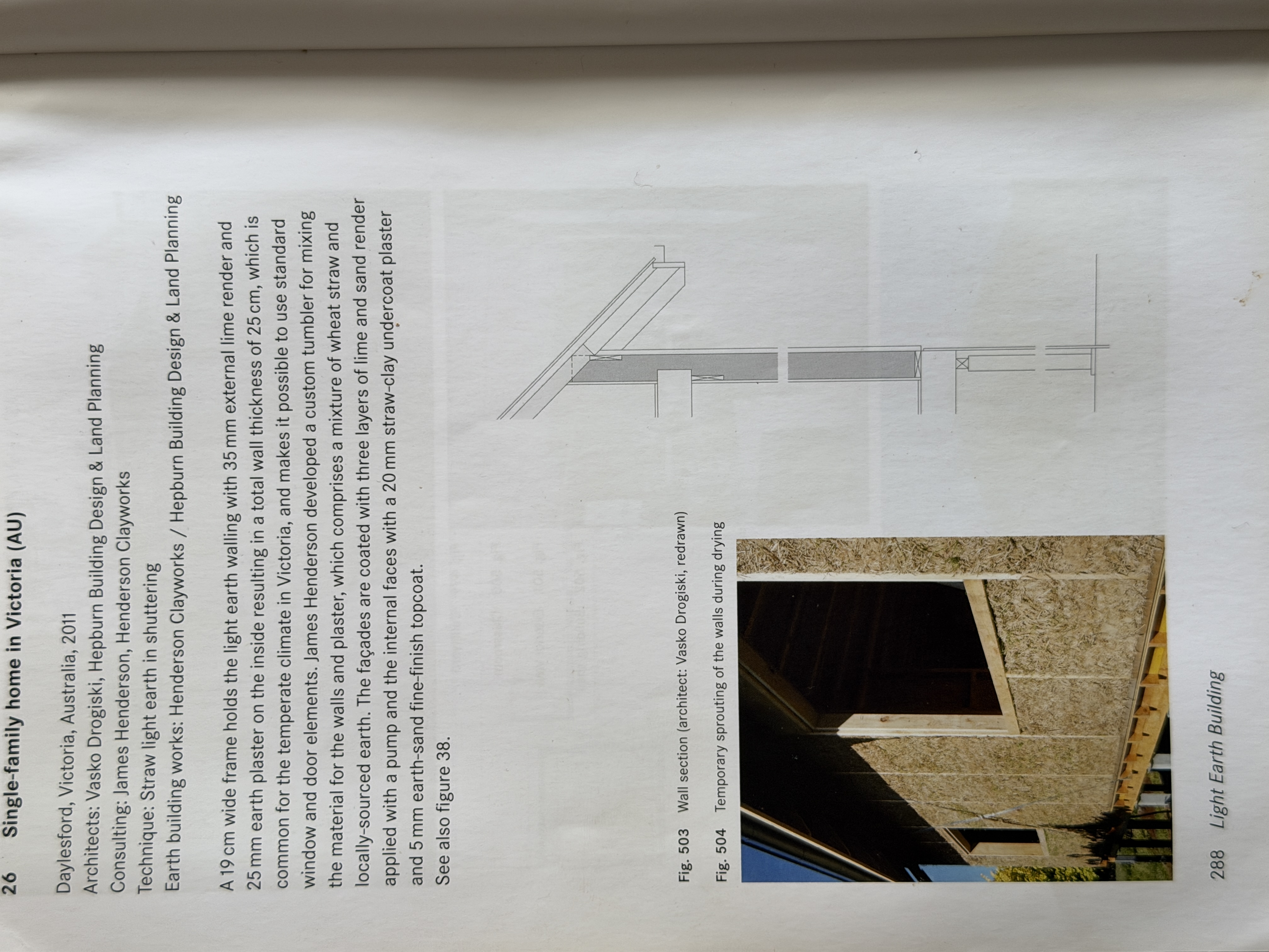 Page 288 of Light Earth Building, with the Daylesford project description and wall construction details