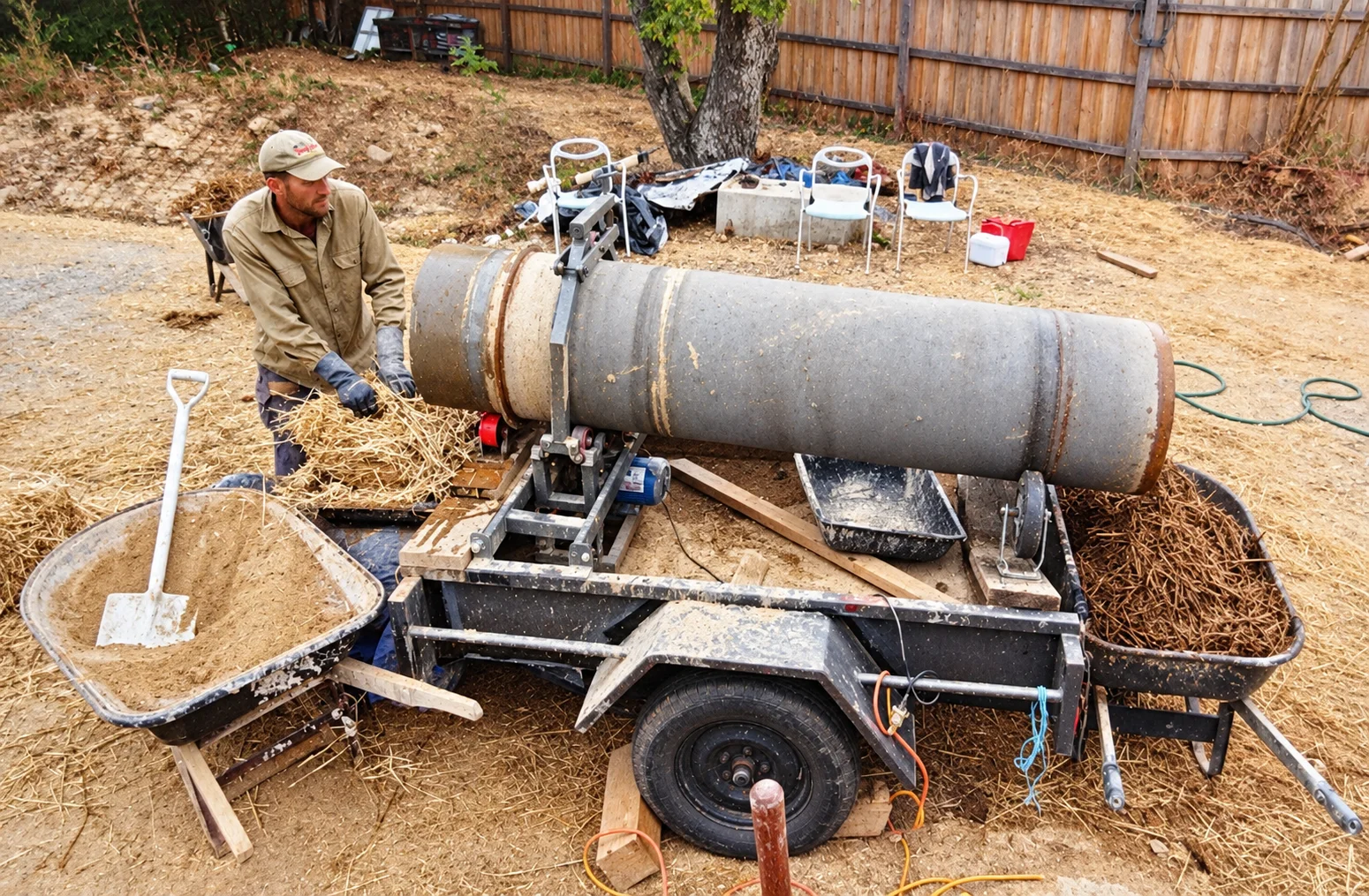 Continuous-feed rotating drum used to mix straw, clay and water for the Daylesford light-earth house