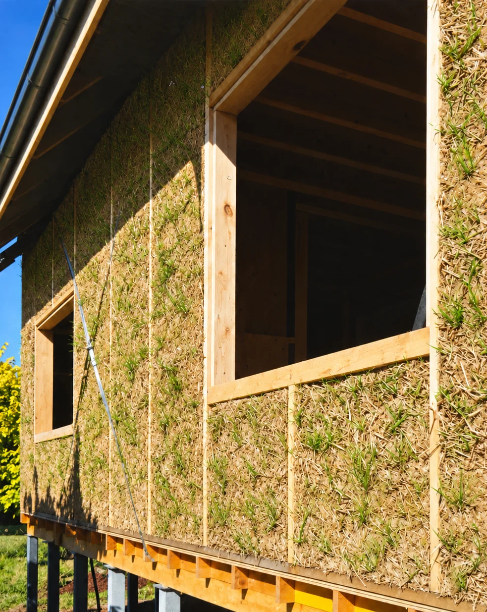Wheat seedlings growing from exposed straw-clay walls around timber window openings during drying