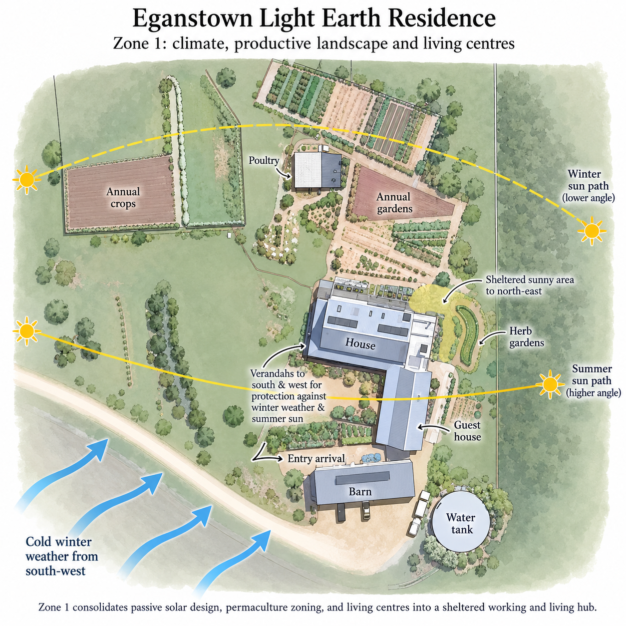 Illustration of Eganstown Zone 1 integrating passive solar design, permaculture zoning, and habitation patterns